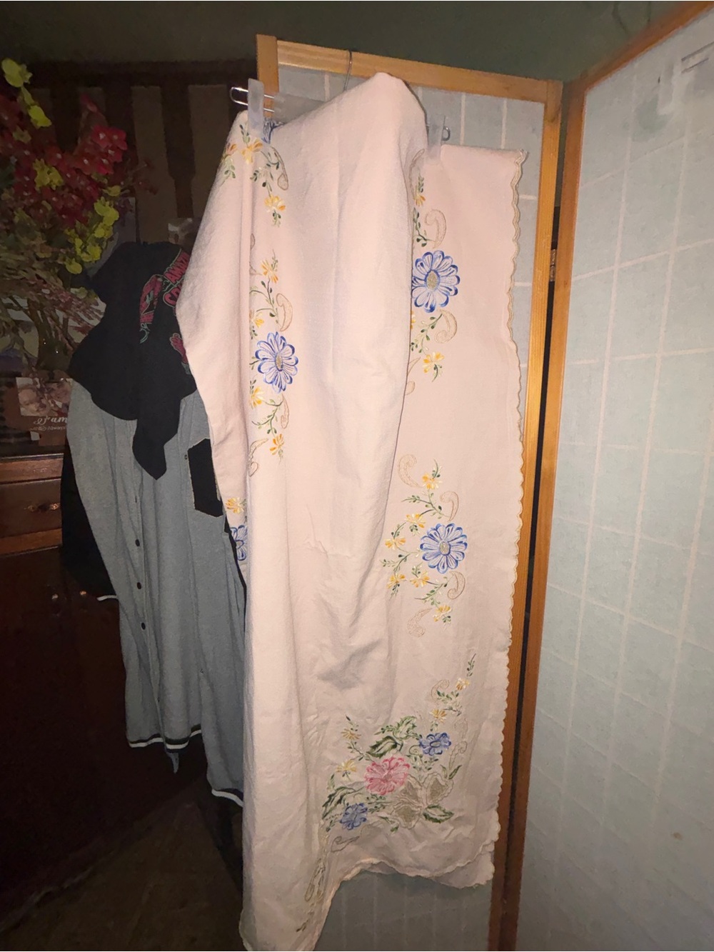 Vintage Hand-Embroidered Floral Bed Spread- Cream with Blue & Pink Flowers